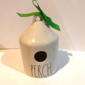 NEW RAE DUNN Birdhouse PERCH w/ MUSHROOMS & GREEN RIBBON - Round PERCH